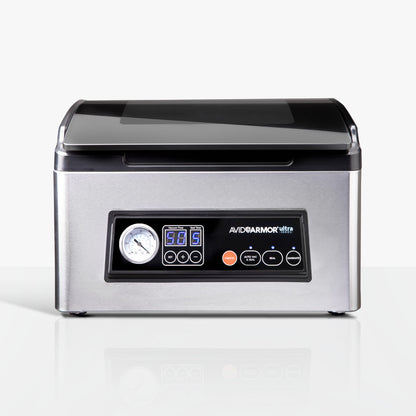 Front view of Avid Armor Ultra Series USV32 stainless steel chamber vacuum sealer on white background
