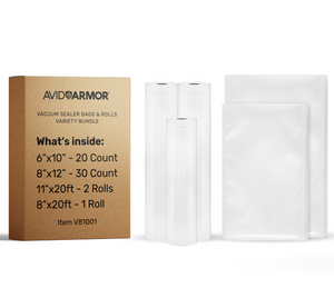 Avid Armor Vacuum Sealer Bags and Rolls Variety Pack – Includes pre-cut pint and quart bags, and 8” & 11” wide custom-cut rolls, ideal for food storage, meal prep, and sous vide cooking.