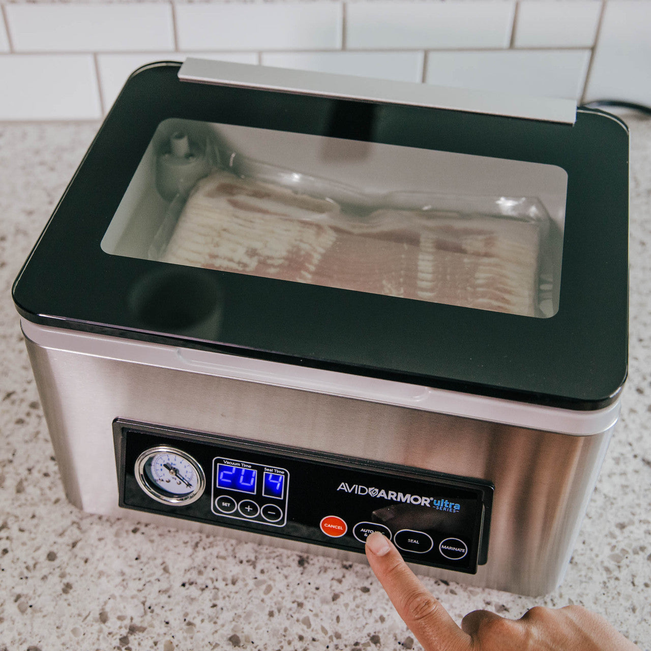 The model USV20 chamber vacuum sealer has an easy to use touch sensitive button operation.