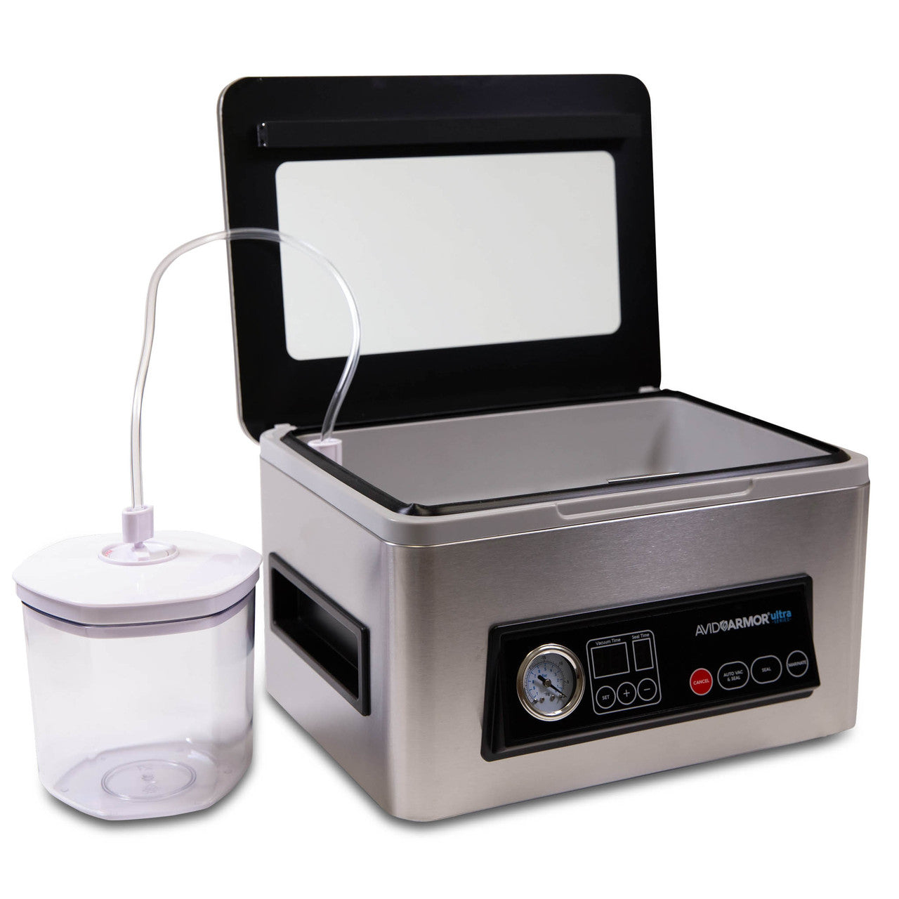 Easily vacuum seal external canisters with an integrated accessory port.