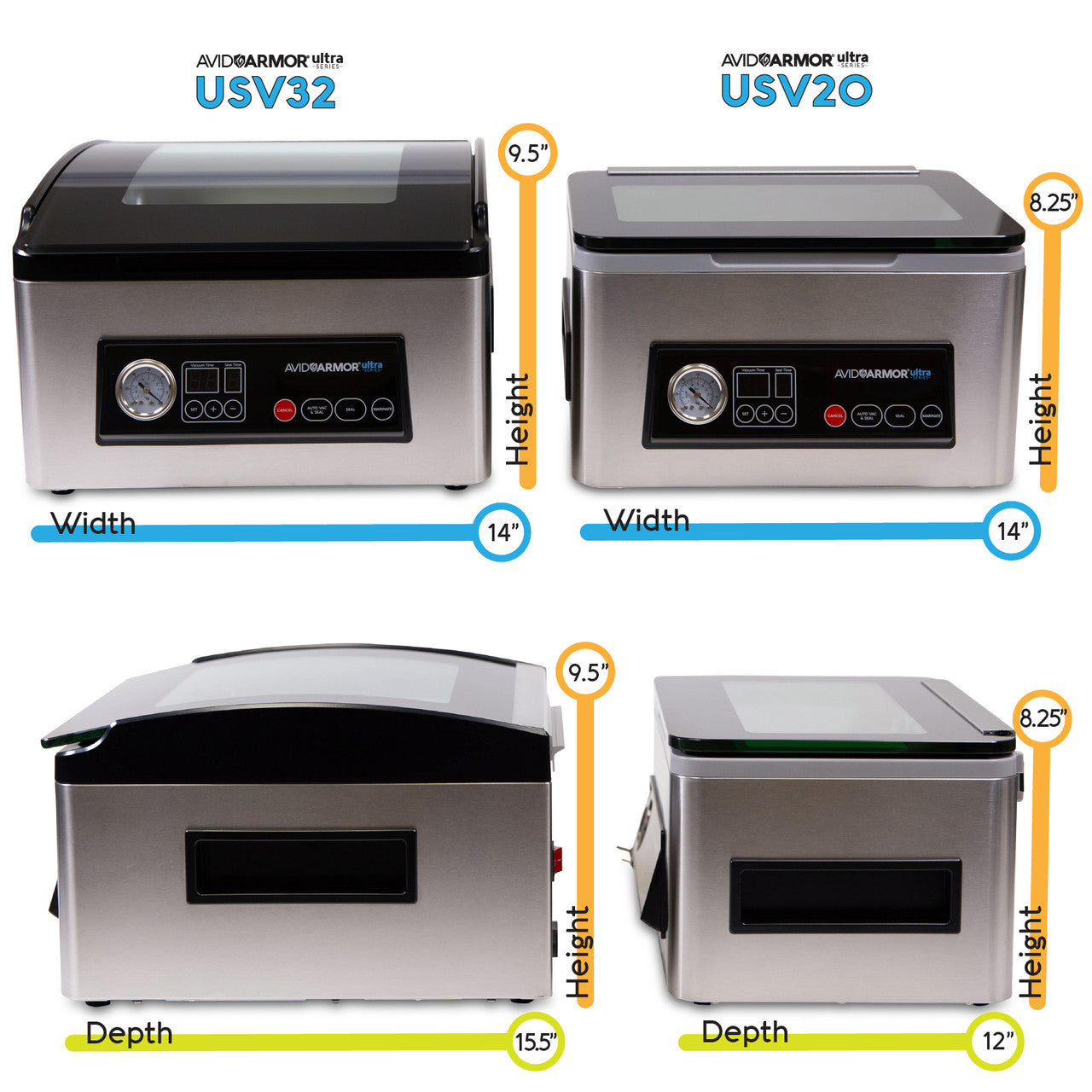 Dimensions comparing the USV32 chamber vacuum sealer vs. the USV20 chamber vacuum sealer.