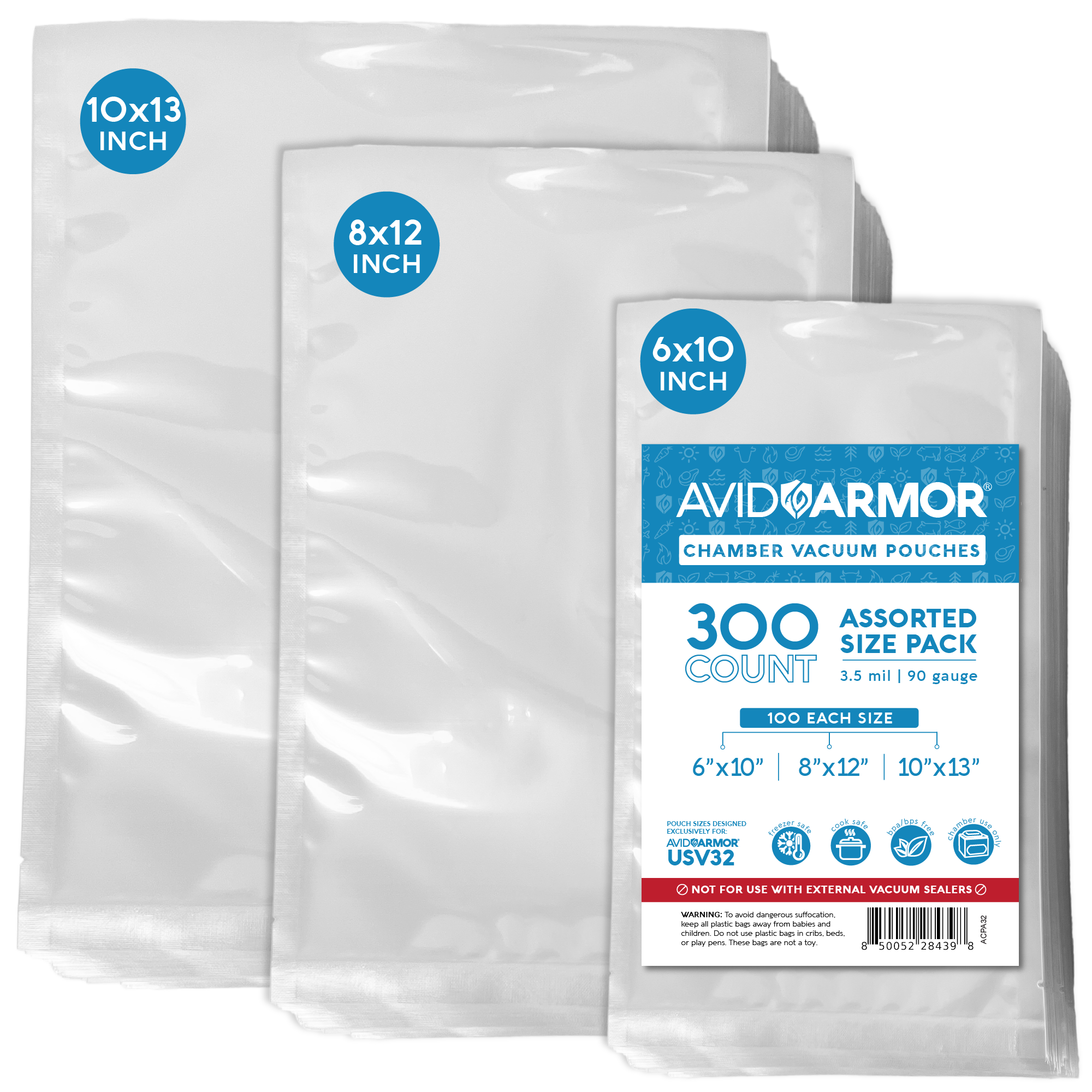 Avid Armor 300 CT Assorted Size Pack Chamber Vacuum Pouches for USV32