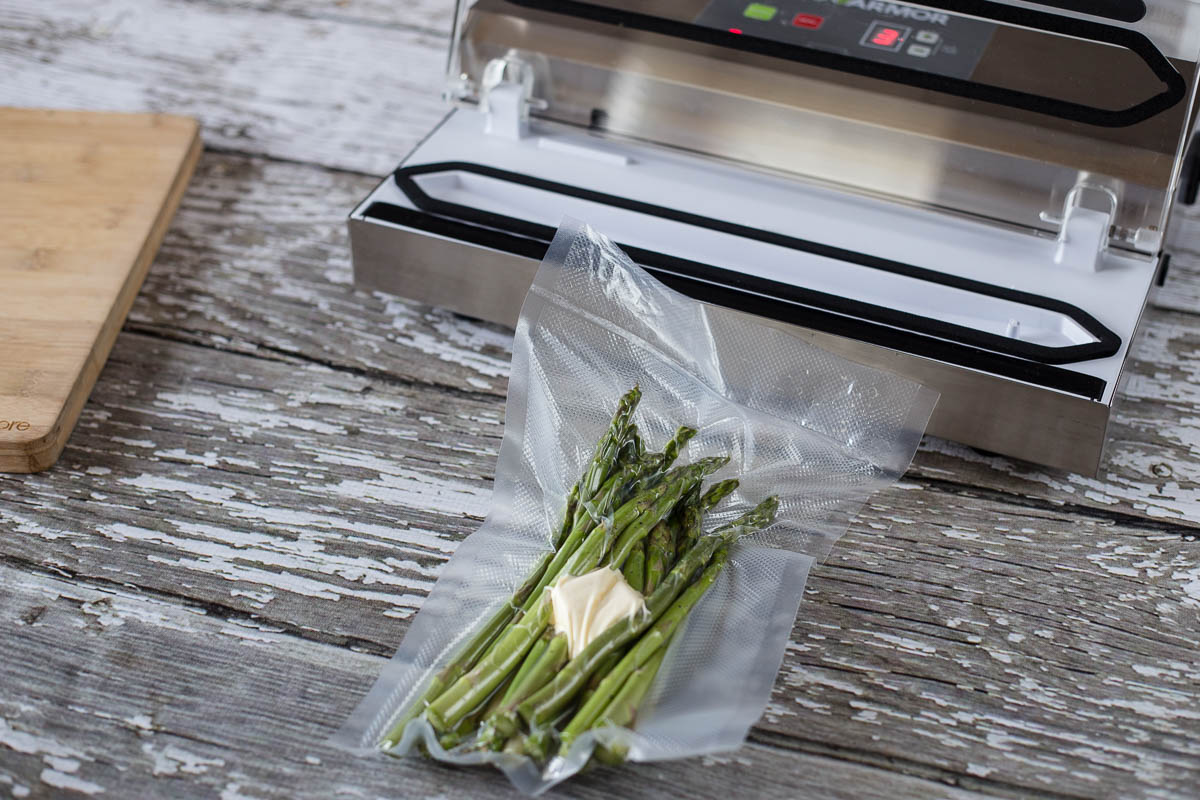 Vacuum sealed asparagus spears with butter, salt, and pepper.
