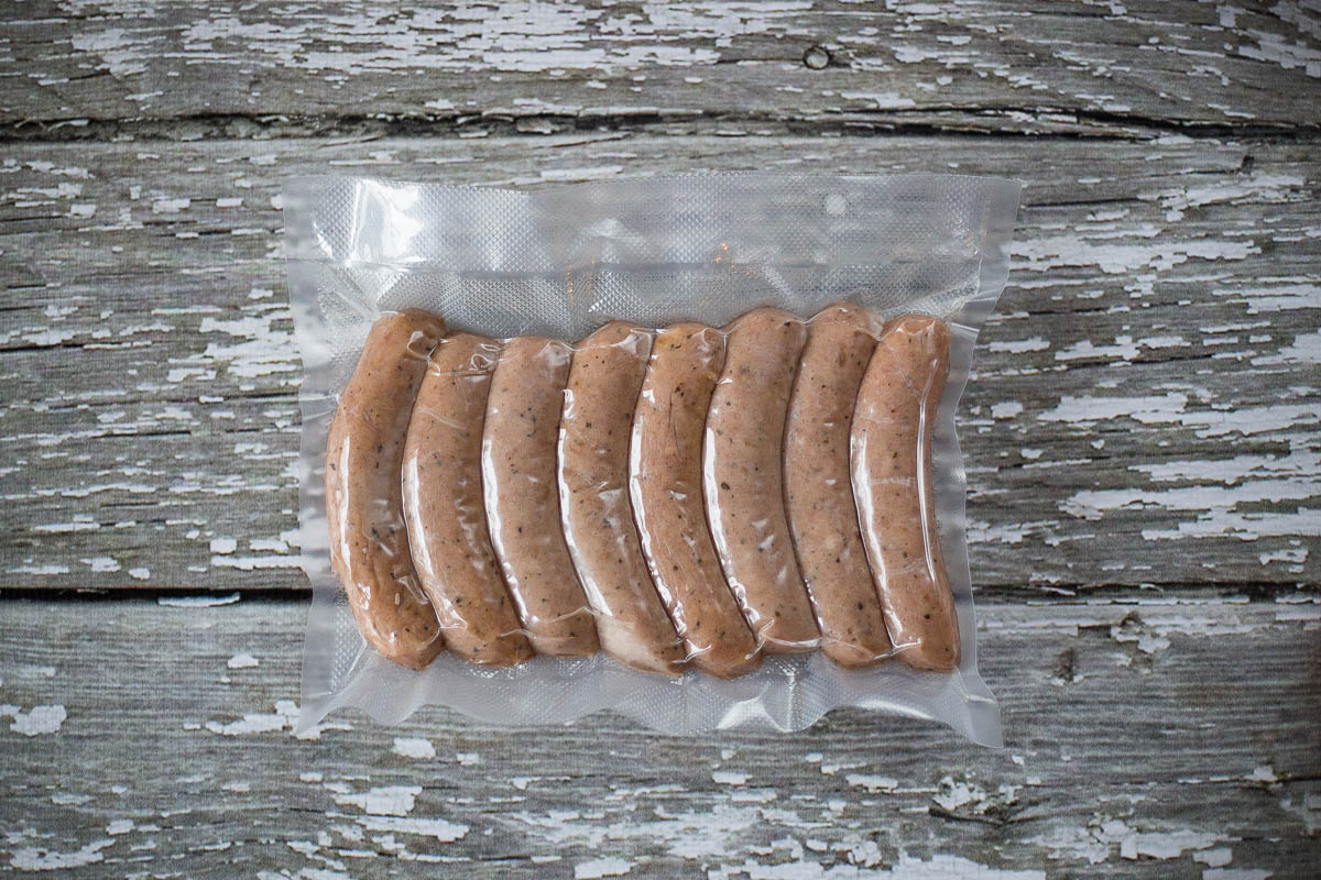 Sausage vacuum sealed in an 11 inch Avid Armor vacuum sealer roll