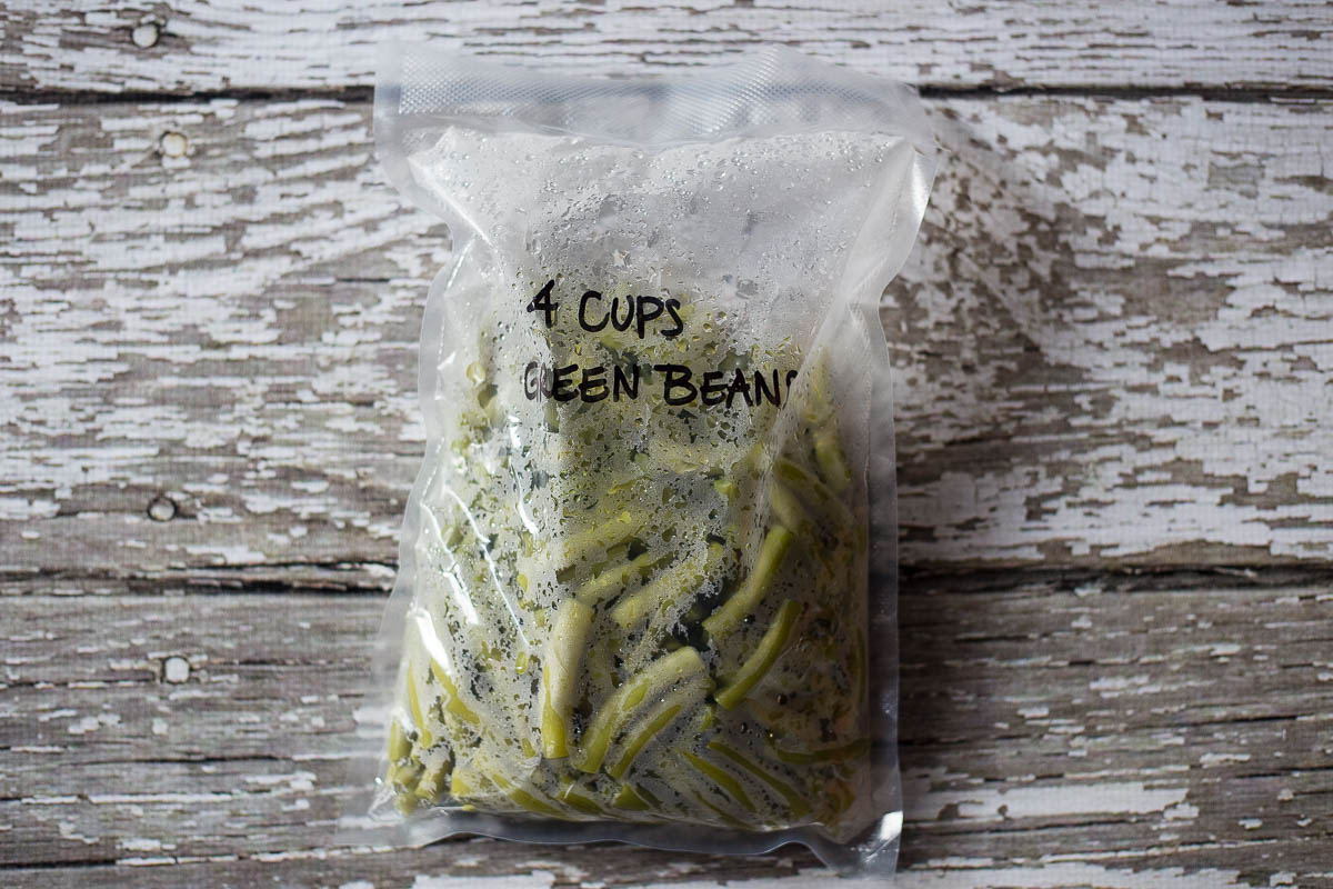 Garden green beans steamed in a vacuum sealer bag