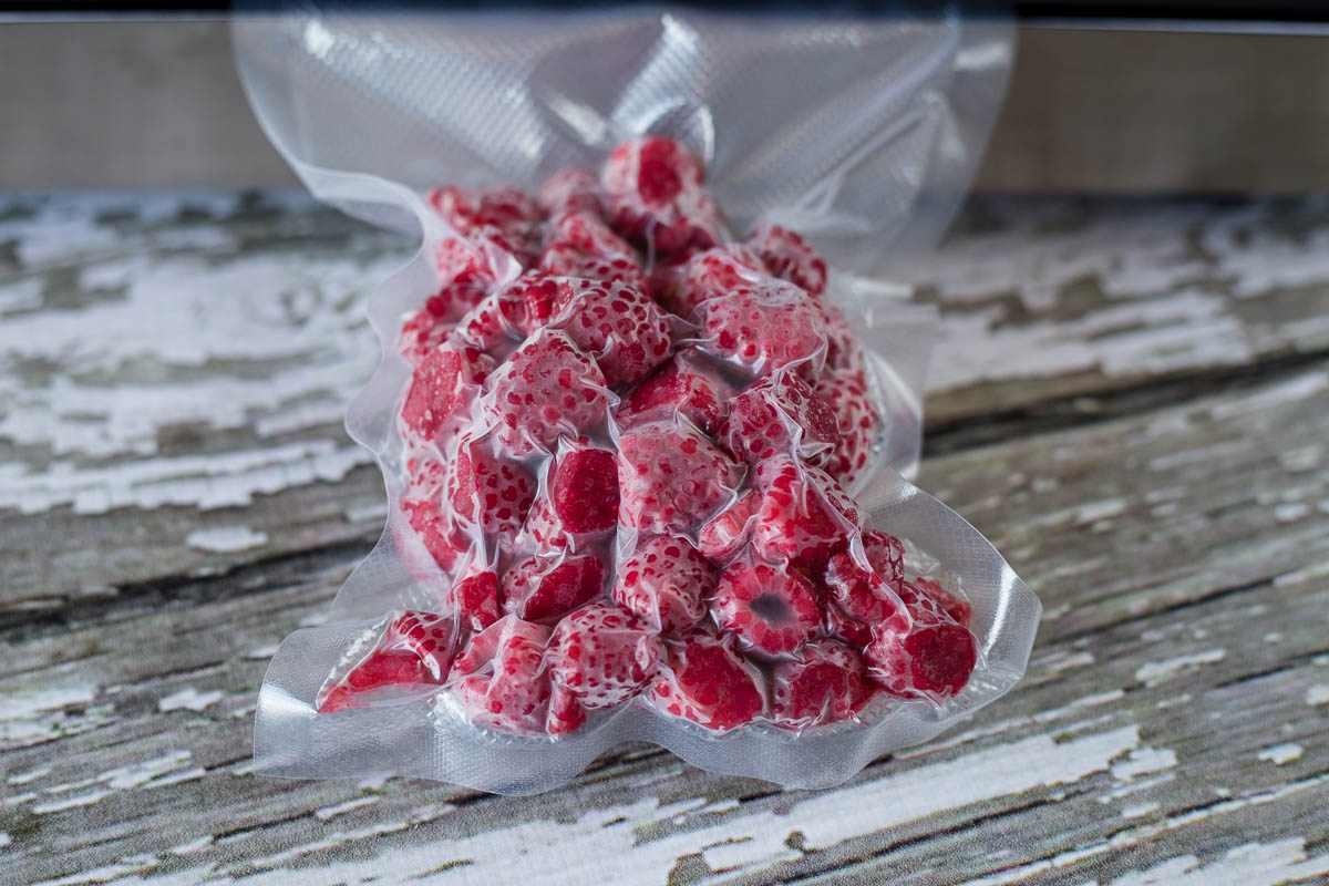 Vacuum sealed raspberries for long term freezer storage