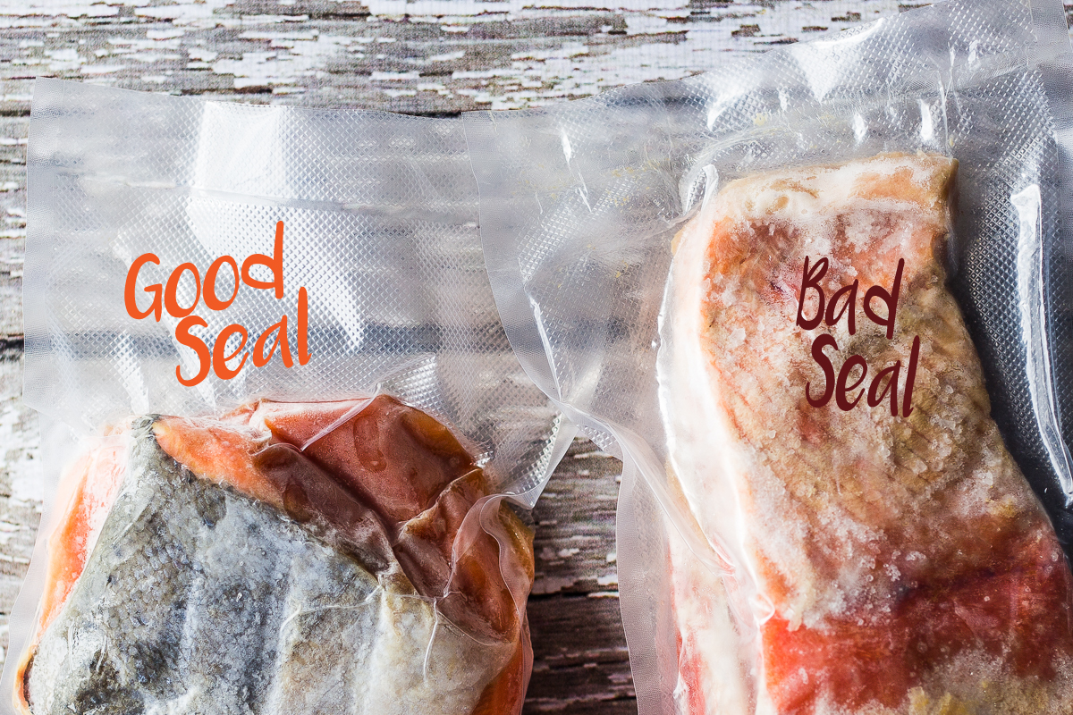 Vacuum sealed salmon with a good seal and vacuum sealed salmon with bad seal and freezer burn