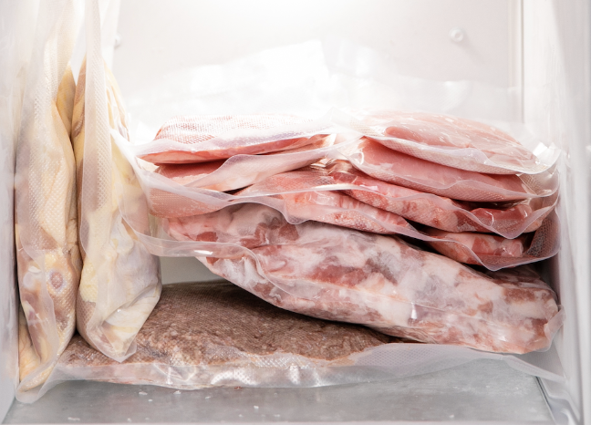 vacuum sealed meat in the freezer