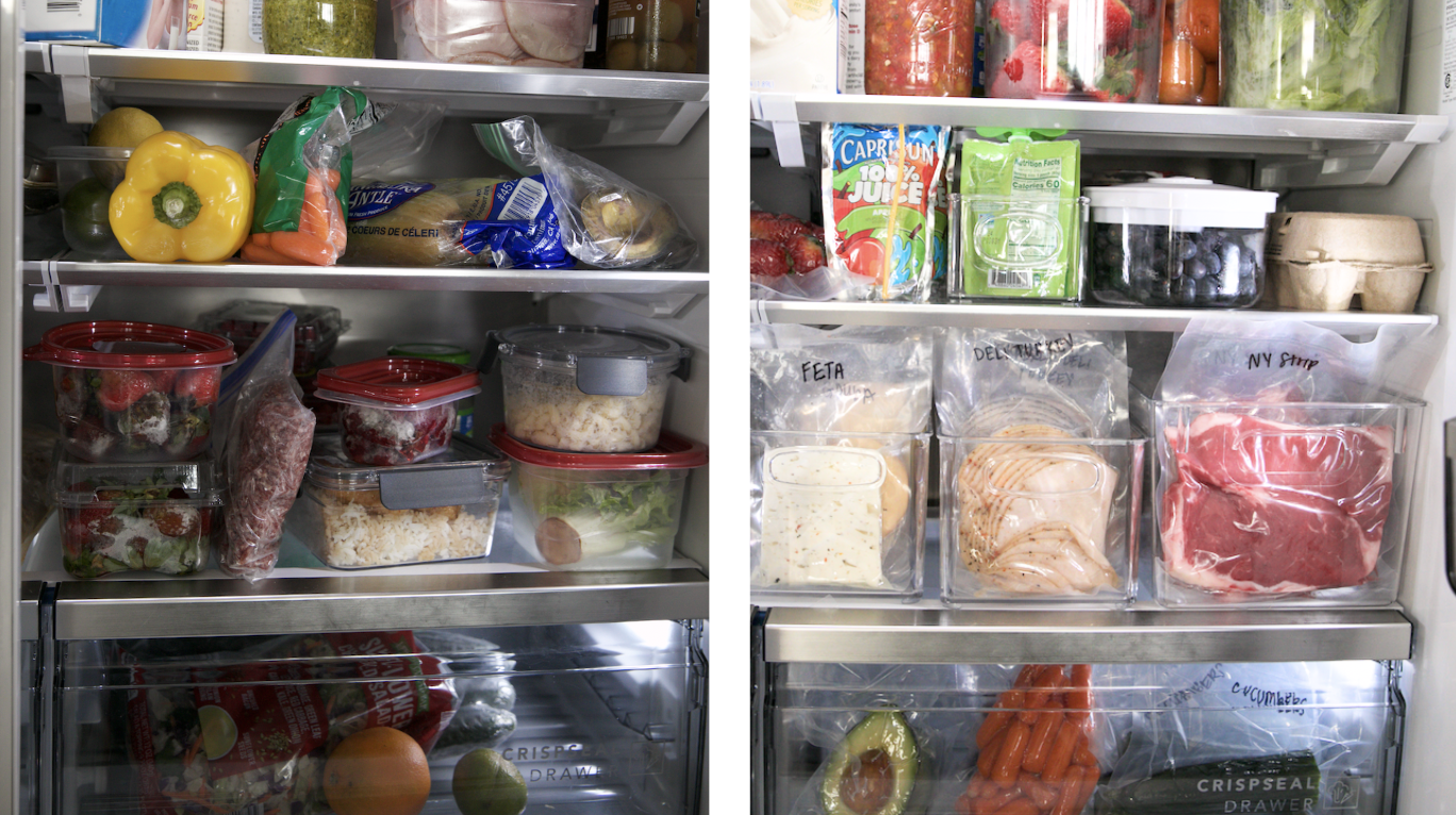 before and after vacuum sealed items in fridge